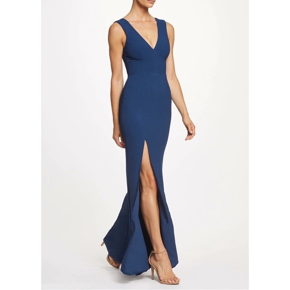 Dress the Population Pacific Blue V Neck High Slit Sandra Floor Length Dress - Picture 1 of 8